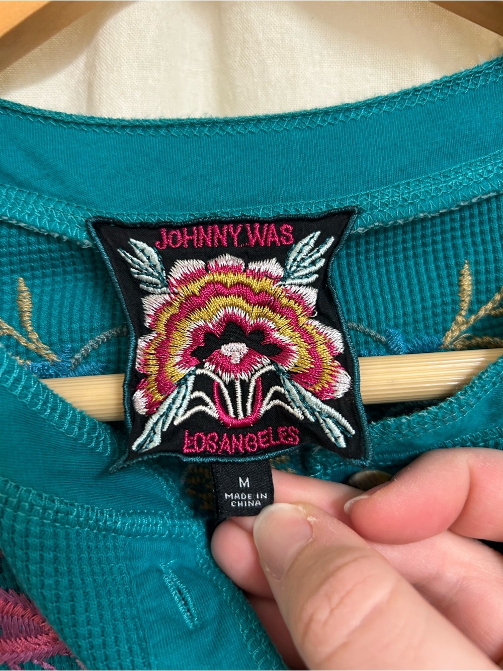Johnny Was Sisa Embroidered Waffle Knit Thermal Henley in Quetzal Green Size M - Picture 7 of 11